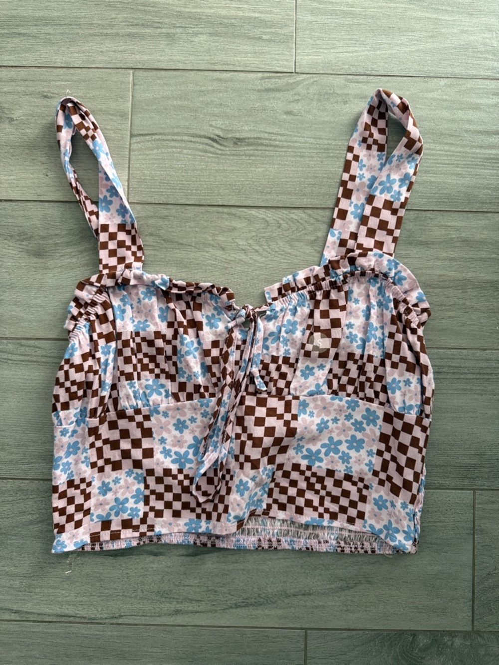 La Hearts Blue & Brown Floral Check Tie-Front Crop Top